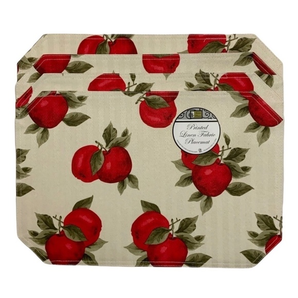 Apple Printed Linen Fabric Placemats Reversible 18” X 12” Cream Red 4 Piece Set - Picture 1 of 12